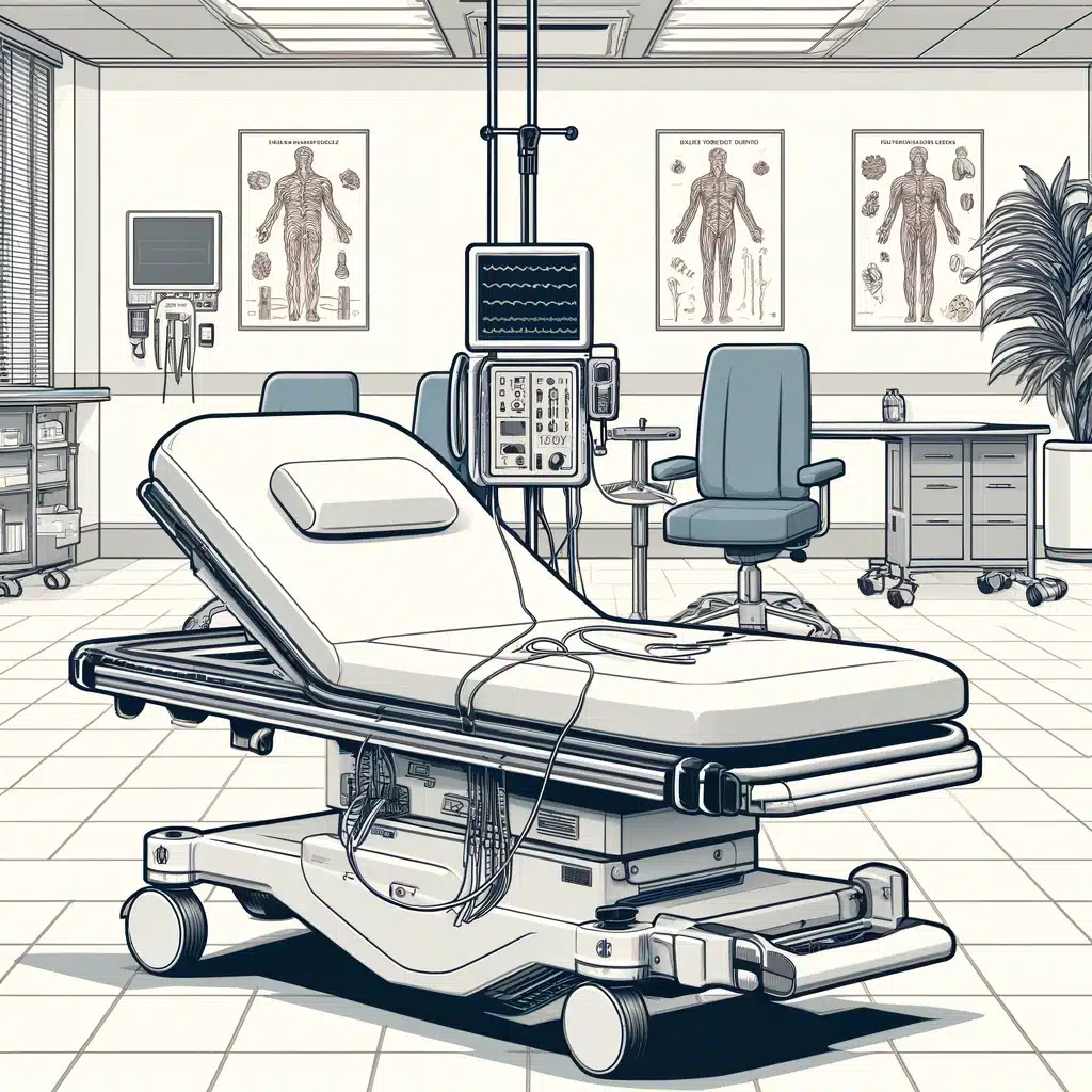 DALL·E 2024 04 22 09.33.55 Colorize and modify the previously generated black and white illustration to depict a clinical setting instead of a laboratory. The setting should hav